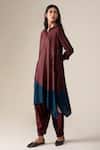 Ampm_Burgundy Silk Embroidery Collared Ohad Leaf Pattern Tunic And Pant Set _at_Aza_Fashions
