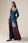Shop_Ampm_Teal Silk V-neck Syna Abaya Kaftan Set _Online_at_Aza_Fashions