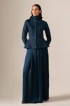 Shop_Ampm_Navy Shantoon, Satin, Organza Valla Quilted Pattern Jacket With Palazzo _at_Aza_Fashions