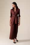 Shop_Ampm_Burgundy Satin, Organza Shawl Neck Mana Plain Jacket Pant Set _at_Aza_Fashions