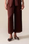 Ampm_Burgundy Satin, Organza Shawl Neck Mana Plain Jacket Pant Set _Online_at_Aza_Fashions