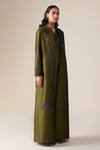 Buy_Ampm_Olive Green Chanderi Embroidery Mandarin Collar Maliah Abaya Kaftan _Online_at_Aza_Fashions