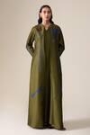 Buy_Ampm_Olive Green Chanderi Embroidery Mandarin Collar Maliah Abaya Kaftan _at_Aza_Fashions