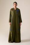 Shop_Ampm_Olive Green Chanderi Embroidery Mandarin Collar Maliah Abaya Kaftan _Online_at_Aza_Fashions