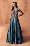 Buy_Label Moni K_Teal Crepe, Tissue Embroidery, Beads, Chakra Scallop Waistcoat With Lehenga _at_Aza_Fashions