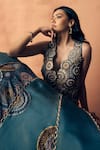 Label Moni K_Teal Crepe, Tissue Embroidery, Beads, Chakra Scallop Waistcoat With Lehenga _Online_at_Aza_Fashions