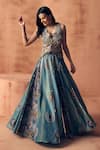Buy_Label Moni K_Teal Crepe, Tissue Embroidery, Beads, Chakra Scallop Waistcoat With Lehenga _Online_at_Aza_Fashions