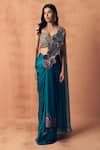 Label Moni K_Teal Crepe, Satin, Organza Applique, Chakra Pre-draped Saree With Blouse _Online_at_Aza_Fashions