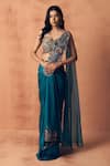 Buy_Label Moni K_Teal Crepe, Satin, Organza Applique, Chakra Pre-draped Saree With Blouse _at_Aza_Fashions