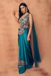 Buy_Label Moni K_Teal Crepe, Satin, Organza Applique, Chakra Pre-draped Saree With Blouse _Online_at_Aza_Fashions