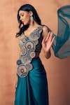 Shop_Label Moni K_Teal Crepe, Satin, Organza Applique, Chakra Pre-draped Saree With Blouse _Online_at_Aza_Fashions