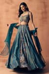 Shop_Label Moni K_Teal Tissue, Crepe, Organza Embroidery, Zari, Chakra Scallop Lehenga Set _Online_at_Aza_Fashions