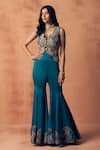 Buy_Label Moni K_Teal Crepe, Satin Embroidery, Beads, Zari V-neck Chakra Waistcoat With Sharara _at_Aza_Fashions