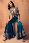 Buy_Label Moni K_Teal Crepe, Satin Embroidery, Beads, Zari V-neck Chakra Waistcoat With Sharara _Online_at_Aza_Fashions
