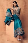 Label Moni K_Teal Crepe, Satin Embroidery, Beads, Zari V-neck Chakra Waistcoat With Sharara _at_Aza_Fashions