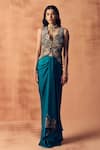 Buy_Label Moni K_Gray Crepe, Satin Embroidery, Metallic Chakra Waistcoat With Draped Skirt _Online_at_Aza_Fashions