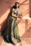 Buy_Label Moni K_Olive Green Satin, Organza Embroidery Paisley Pre-draped Saree With Blouse 
