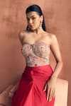 Label Moni K_Pink Organza, Satin Embroidery Bandeau Afreen Mosaic Blouse With Draped Skirt _at_Aza_Fashions