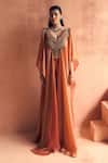 Label Moni K_Rust Georgette Embroidery, Beads V-neck Goonj Kaftan With Pant _Online_at_Aza_Fashions