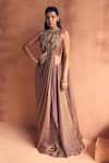 Buy_Label Moni K_Brown Georgette Embroidery, Beads Halter Utsav Pre-draped Sharara Saree Set _at_Aza_Fashions