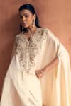 Label Moni K_Ivory Satin Embroidery, Beads V-neck Sway Kaftan With Pant _at_Aza_Fashions