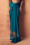 Label Moni K_Teal Crepe, Satin Embroidery, Beads, Sequins, Chakra Blouse With Draped Skirt _Online_at_Aza_Fashions