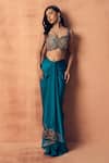 Buy_Label Moni K_Teal Crepe, Satin Embroidery, Beads, Sequins, Chakra Blouse With Draped Skirt _at_Aza_Fashions