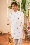 Shop_Panchhi By Kanupriya Tibrewala_Off White Silk Embroidery, Stones Swarna Bagh Sherwani Set _at_Aza_Fashions
