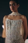 Sana Barreja_Ivory Silk Organza, Organza, Tissue Zari, Sequins, Irises Corset Skirt Set _Online_at_Aza_Fashions