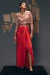 Buy_Sana Barreja_Coral Silk, Crepe Beads, Sequins, Embroidery, Medusa Jacket With Draped Skirt _at_Aza_Fashions