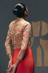Shop_Sana Barreja_Coral Silk, Crepe Beads, Sequins, Embroidery, Medusa Jacket With Draped Skirt _at_Aza_Fashions