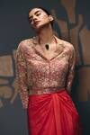 Shop_Sana Barreja_Coral Silk, Crepe Beads, Sequins, Embroidery, Medusa Jacket With Draped Skirt _Online_at_Aza_Fashions