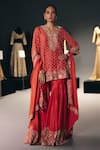 Buy_Sana Barreja_Coral Silk, Dupion Embroidery, Beads, Sequins, Zari Split Flower Ball Kurta Set _at_Aza_Fashions