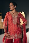 Buy_Sana Barreja_Coral Silk, Dupion Embroidery, Beads, Sequins, Zari Split Flower Ball Kurta Set _Online_at_Aza_Fashions