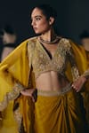 Sana Barreja_Yellow Silk Organza, Silk, Crepe Beads, Impression Border Cape Skirt Set _Online_at_Aza_Fashions