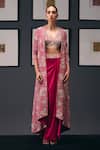 Buy_Sana Barreja_Fuchsia Silk, Crepe Beads, Crystals, Self Potrait Jacket Draped Skirt Set _at_Aza_Fashions