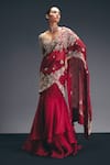 Buy_Sana Barreja_Red Silk Organza, Dupion Embroidery, Beads, Memory Pre-draped Saree With Blouse _at_Aza_Fashions