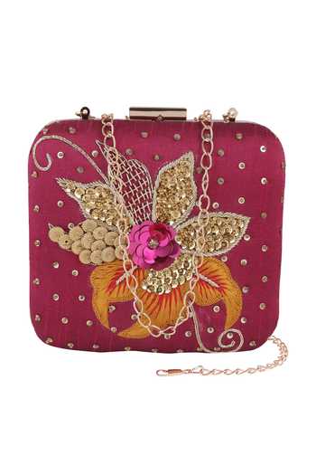 Shop_Nazaakat By Samara Singh_Purple Sequins, Embroidery Floral And Thread Clutch _at_Aza_Fashions