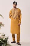 Buy_Wabi Sabi By Anshum-Ritesh_Mustard Chanderi Embroidery, Tassels Gilded Petal Kurta And Pyjama Set _at_Aza_Fashions