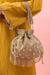 Buy_The Purple Sack_Gold Beads, Pearls, Embroidery Beaded Floral And Leaf Potli Bag _at_Aza_Fashions