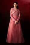 Buy_Aanchal Vijaywargi_Pink Net, Chanderi Piping, Embroidery, Cut Work Dusty Rose Gown With Jacket _at_Aza_Fashions