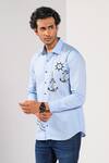 Kalpana Naik_Sky Blue Cotton, Linen Embroidery Harbour Dock Thread Shirt _at_Aza_Fashions