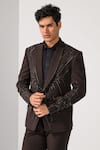 Buy_Kalpana Naik_Brown Crepe Embroidery, Stones, Metallic Geometric Tuxedo Blazer And Trouser Set _Online_at_Aza_Fashions