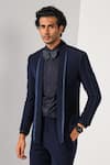 Kalpana Naik_Blue Crepe Embroidery, Stones Cobalt Pintuck Tuxedo Blazer And Trouser Set _Online_at_Aza_Fashions