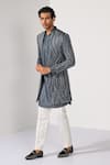 Shop_Kalpana Naik_Gray Linen, Satin, Cotton Embroidery Graphite Waves Achkan Set _Online_at_Aza_Fashions