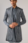 Buy_Kalpana Naik_Gray Linen, Satin, Cotton Embroidery Graphite Waves Achkan Set 