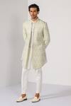 Kalpana Naik Green Terrycloth Embroidery Sage Mist Geometric Pattern Achkan Kurta Set at Aza Fashions Kalpana Naik_Green Terrycloth Embroidery Sage Mist Geometric Pattern Achkan Kurta Set _at_Aza_Fashions