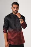 Kalpana Naik_Black Linen, Satin Embroidery Wine Hand Nehru Jacket Kurta Set _Online_at_Aza_Fashions