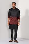 Buy_Kalpana Naik_Black Linen, Satin Embroidery Wine Hand Nehru Jacket Kurta Set _at_Aza_Fashions