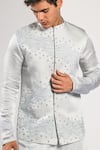 Kalpana Naik_Sky Blue Bemberg, Silk, Cotton Icy Waves Hand Nehru Jacket Kurta Set _at_Aza_Fashions